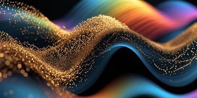 Abstract Gold Particle Wave with Multicolor Gradient on Black Background photo