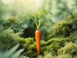 Vibrant Fresh Carrot Surrounded by Lush Greenery and Moss in a Natural Garden Setting photo