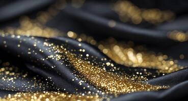 Shimmering Gold Glitter on Black Silk Fabric for Elegant Background photo