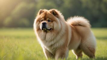 A chow chow dog is standing in the grass photo