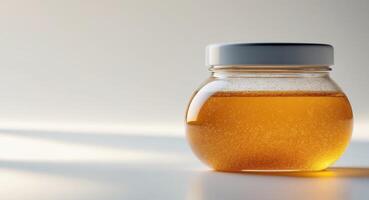 A jar of honey on a table photo