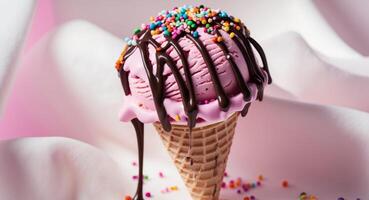 Ice cream with pink and chocolate drizzle on a white background photo