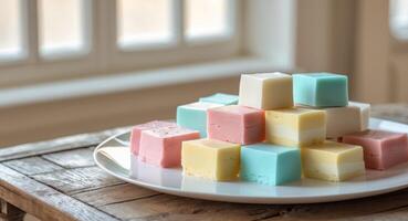 Assorted Colorful Fudge Squares on Elegant Plate Displayed Near Window with Soft Natural Light and Cozy Ambiance photo