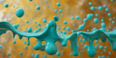 Abstract artwork with turquoise drips and golden yellow textured background photo
