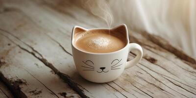 Whimsical Cat shaped Coffee Cup with Cappuccino on Rustic Wooden Table photo