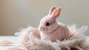 there is a pink bunny sitting in a nest with feathers photo