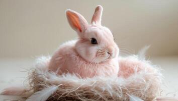 A pink rabbit sitting in a nest with feathers photo