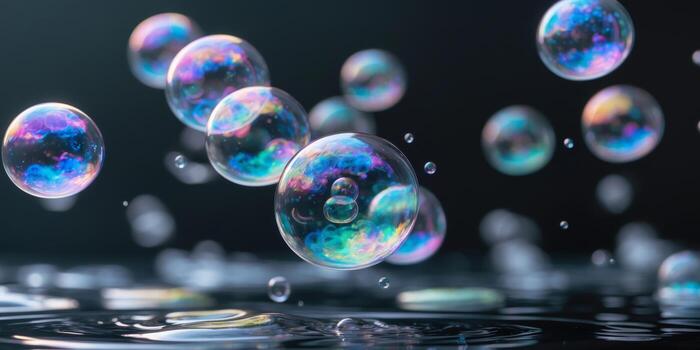 iridiscente jabón burbujas flotante en oscuro agua antecedentes foto