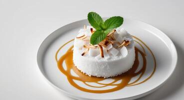 Exquisite Coconut Dessert with Mint Garnish on a Plate Surrounded by Caramel Sauce photo