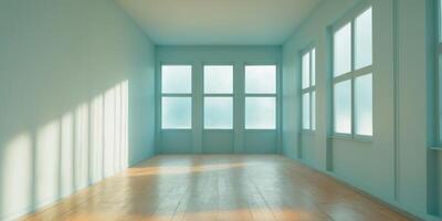 Sunlit Teal Room With Wooden Floor And Large Windows photo