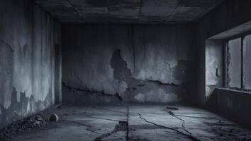 An empty room with a window and a broken wall photo