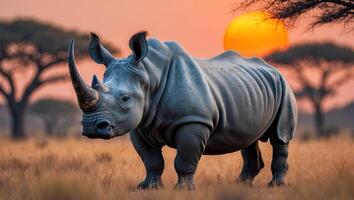 A rhino standing in the middle of a field photo
