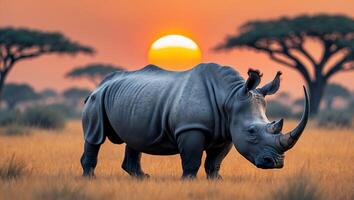 A rhino standing in the middle of a field photo