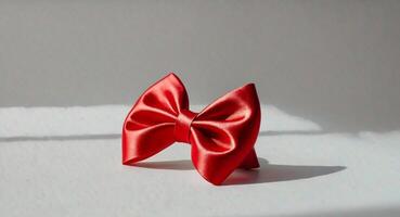 A red bow tie sitting on a white surface photo