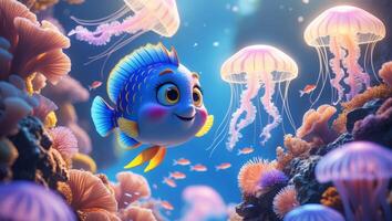 Finding dory, the fish, is surrounded by jellyfish photo