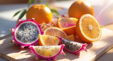 Vibrant Display of Tropical Fruits with Juicy Oranges and Exotic Dragon Fruit Slices on a Light Wooden Cutting Board Under Natural Sunlight. photo