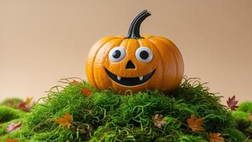 A Happy Pumpkin With Googly Eyes Rests on Moss in Autumn and Copy Space photo