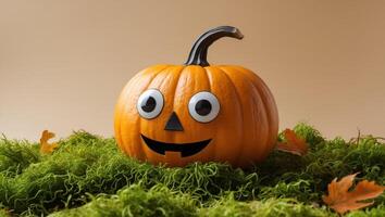 A Happy Pumpkin With Googly Eyes Rests on Moss in Autumn and Copy Space photo