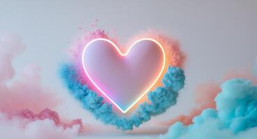 A neon heart surrounded by pink and blue clouds photo