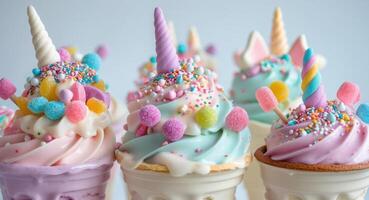 A group of ice cream cones with colorful frosting photo