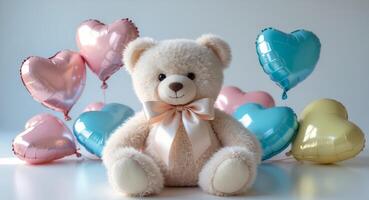 A teddy bear with a bow and heart shaped balloons photo