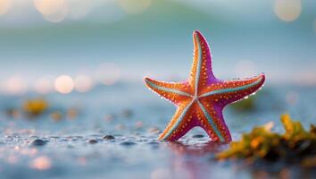 A starfish is standing on the beach with a bokeh effect photo