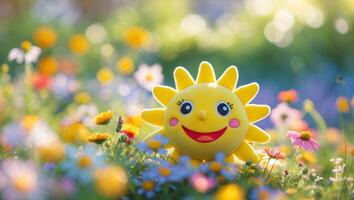 A toy sun is sitting in a field of flowers photo