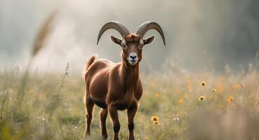 A goat with long horns standing in a field photo