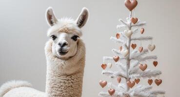 A llama is standing next to a christmas tree photo