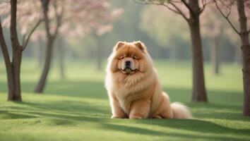 Chow chow dog sitting in the grass photo