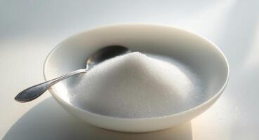 A simple scene showing a bowl of sugar and a spoon inside photo