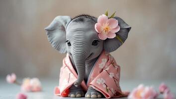 there is a small elephant wearing a kimono outfit and a flower. photo