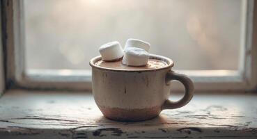 Cup with hot cocoa and marshmallows on a windowsill photo