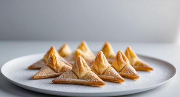 Plate of golden triangular pastries dusted with sugar on a gray background photo