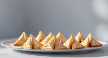 Plate of golden triangular pastries dusted with sugar on a gray background photo
