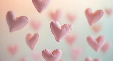 Floating pink fabric hearts on a soft gradient background for Valentine's Day. photo
