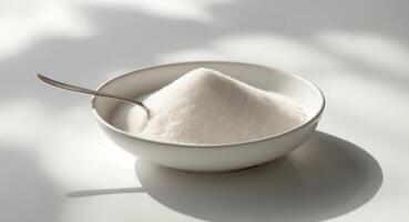 A simple scene showing a bowl of sugar and a spoon inside photo