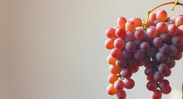 A cluster of red grapes hangs from a vine photo