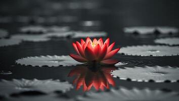A red lotus flower is floating in the water photo