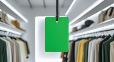 A green tag hanging from a rack in a clothing store photo