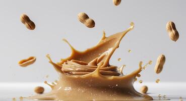 Peanut butter splash with peanuts on white background photo