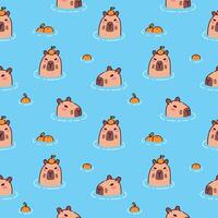 Cute capybara in pond seamless pattern. Calm capybaras chilling and relaxing in water with oranges. Funny cartoon characters take bath with only heads visible vector