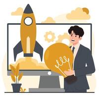 Businessman holding light bulb in front of computer screen. Successful startup concept. Flat style illustration. vector