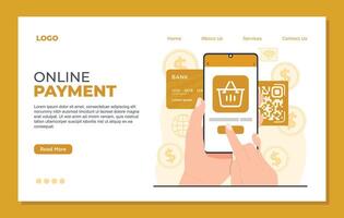 Landing page template concept for online payment featuring a hand holding a smartphone with a shopping basket and QR code, representing seamless digital transactions vector