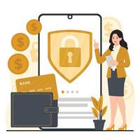 Protection Payment Digital payment security concept featuring a shield on a smartphone, credit card, wallet, and coins, symbolizing secure online transactions vector