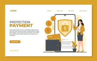 Landing page template concept showcasing secure online payment protection. Featuring a smartphone with a shield, wallet, and financial icons, symbolizing safe transactions and cybersecurity measures vector