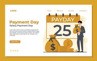 Landing page template showcasing salary payment day with money bags, coins, and a payday calendar, representing scheduled payments and financial planning vector