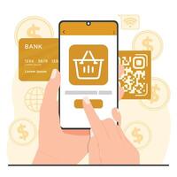 Online Payment Mobile payment concept with a hand holding a smartphone showing a shopping basket and QR code, representing seamless digital transactions vector