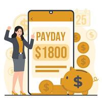Illustration of a mobile payday notification featuring a smartphone, piggy bank, and coins, representing financial reward and salary day vector
