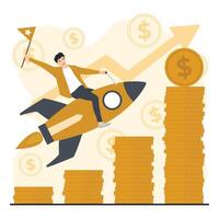 Illustration of business growth concept featuring a man riding a rocket over stacks of gold coins, symbolizing financial success, progress, and achievement vector